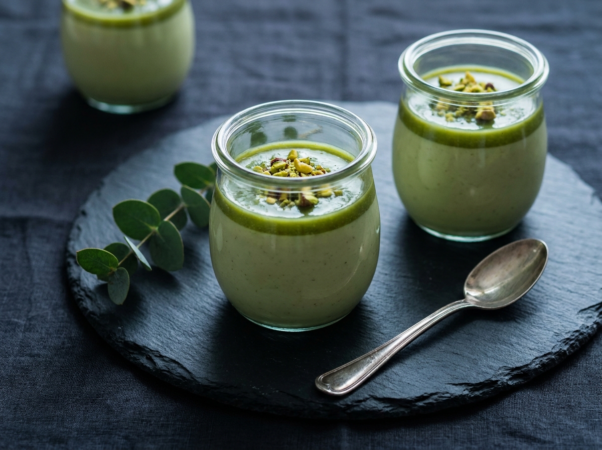 Panna cotta à la pistache en verrines sur ardoise avec coulis vert brillant et pistaches concassées, présentation élégante maison