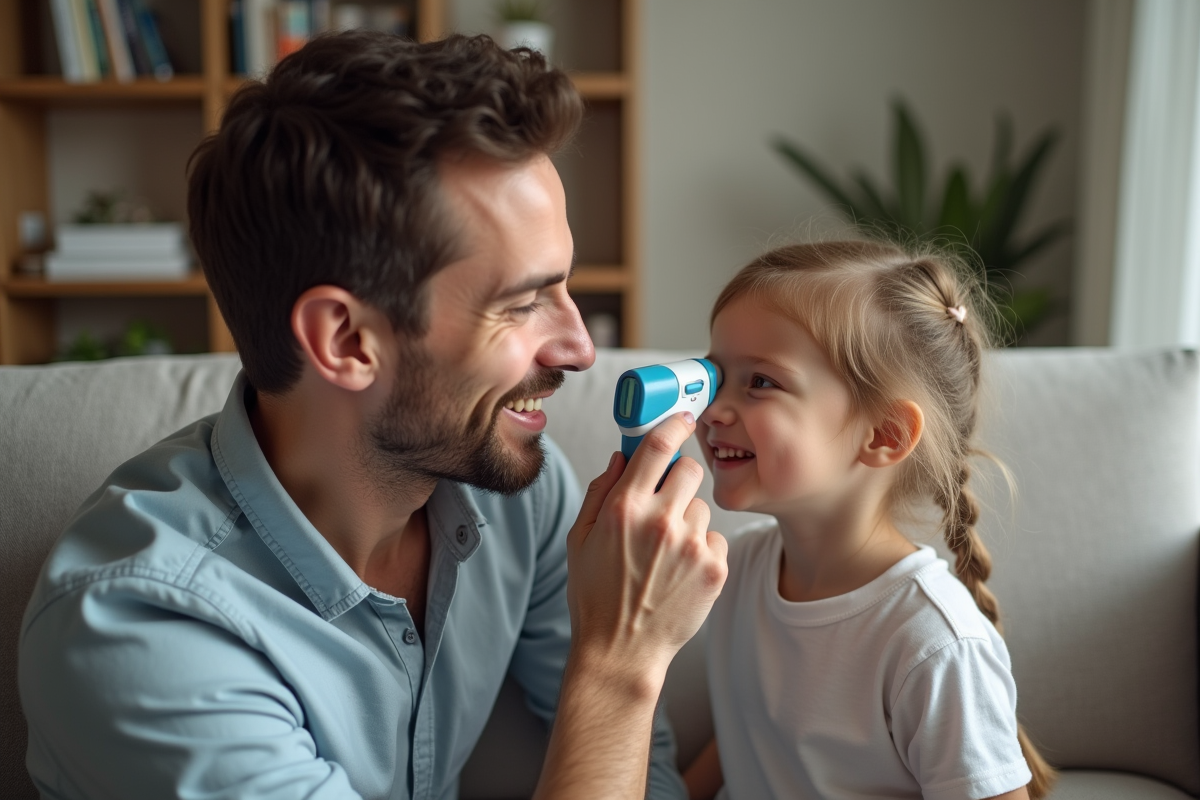 Père mesurant la température de sa fille dans le salon