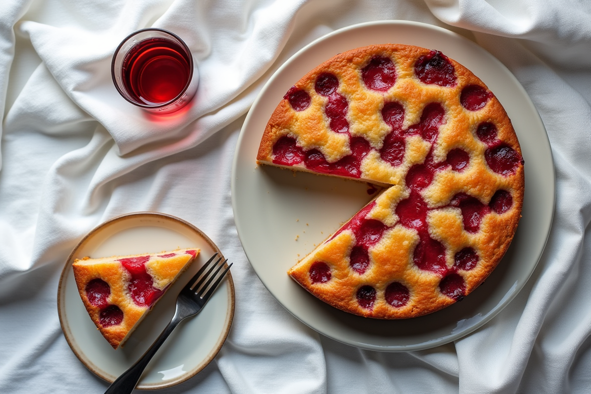 Partie de gâteau basque aux cerises sur une assiette avec fourchette