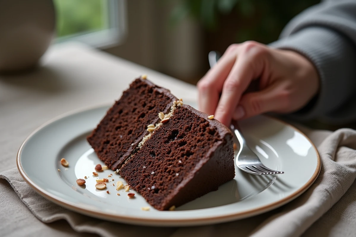 Gâteau chocolat aux amandes tranché sur assiette en céramique