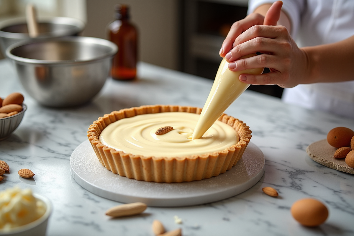 Chef piping de la creme d amandes dans une tarte sur marbre