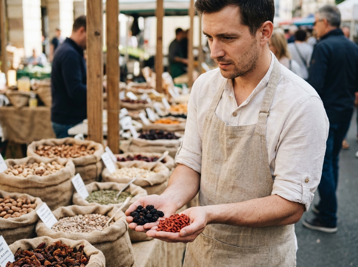 Pâtissier comparant des baies séchées sur un marché pour sélectionner les meilleurs ingrédients de sa carte