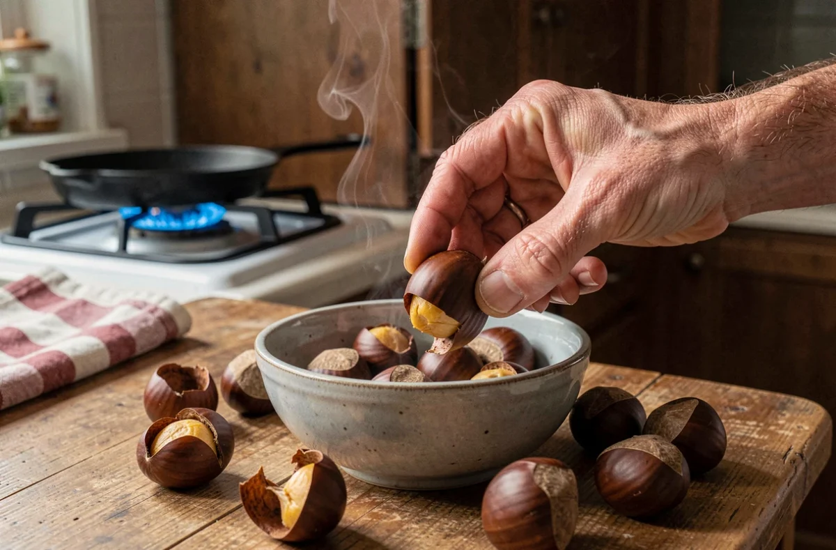 Homme pelant une châtaigne rôtie au-dessus d'un bol en céramique dans une cuisine compacte