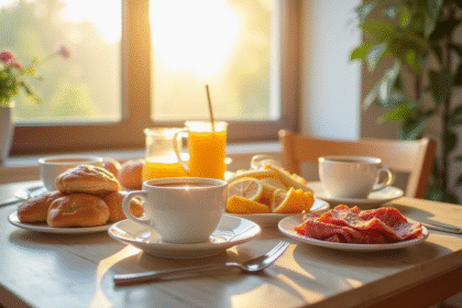 Table de petit déjeuner avec fruits acides et viennoiseries