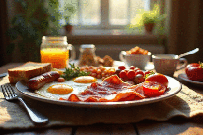 Petit déjeuner anglais traditionnel sur une table en bois