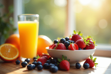 Petit déjeuner avec fruits rouges et jus d'orange frais