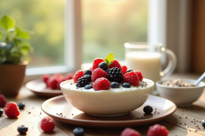 Petit déjeuner sain avec yogourt et fruits frais