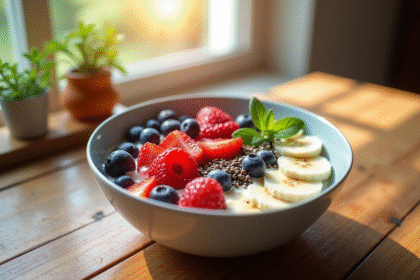Bol de petit déjeuner sain avec yaourt et fruits frais