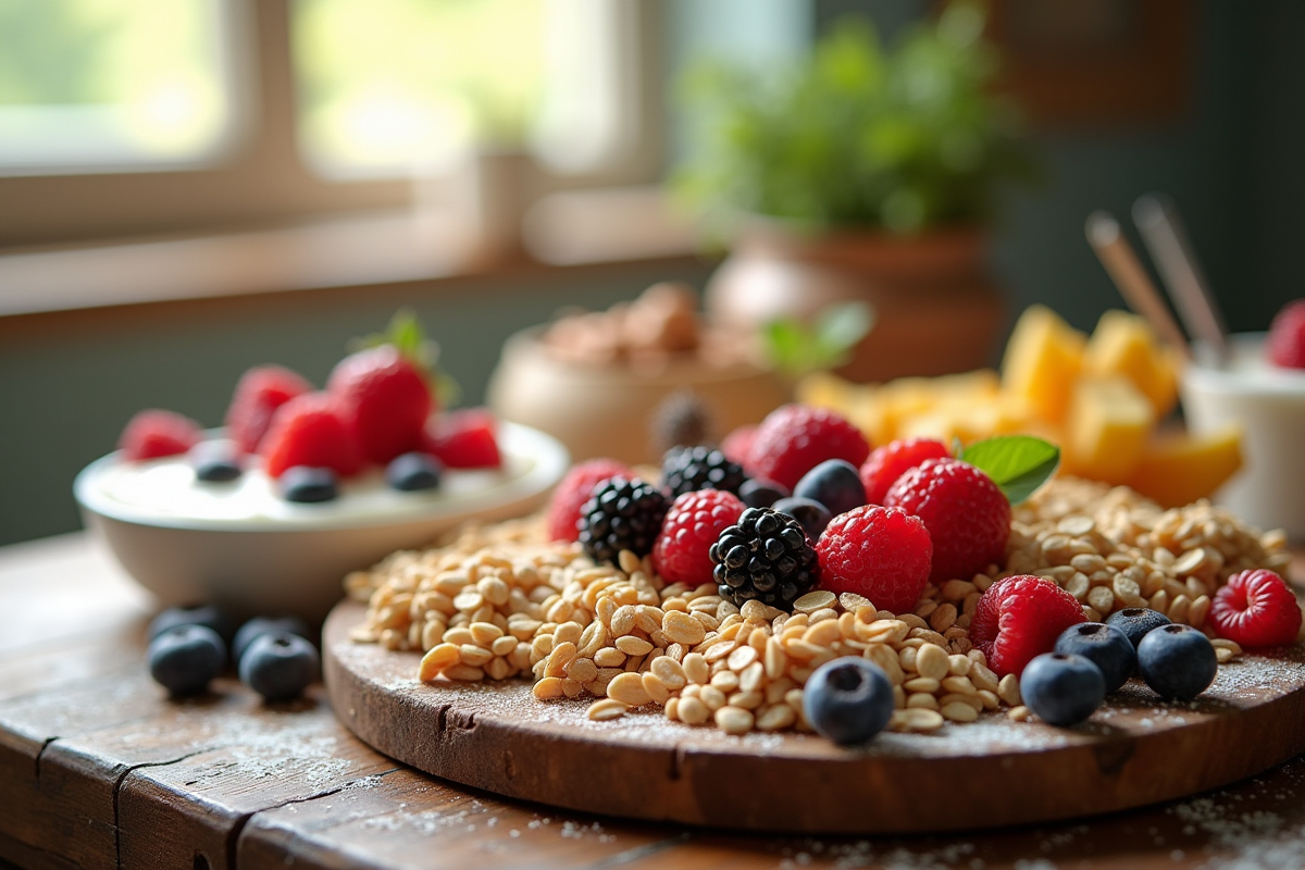 Petit déjeuner sain avec grains et fruits frais