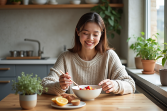Jeune femme souriante préparant un bol de fruits dans une cuisine lumineuse