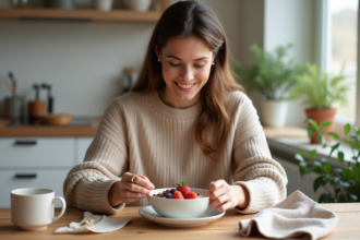 Jeune femme souriante prépare un bol de porridge aux fruits