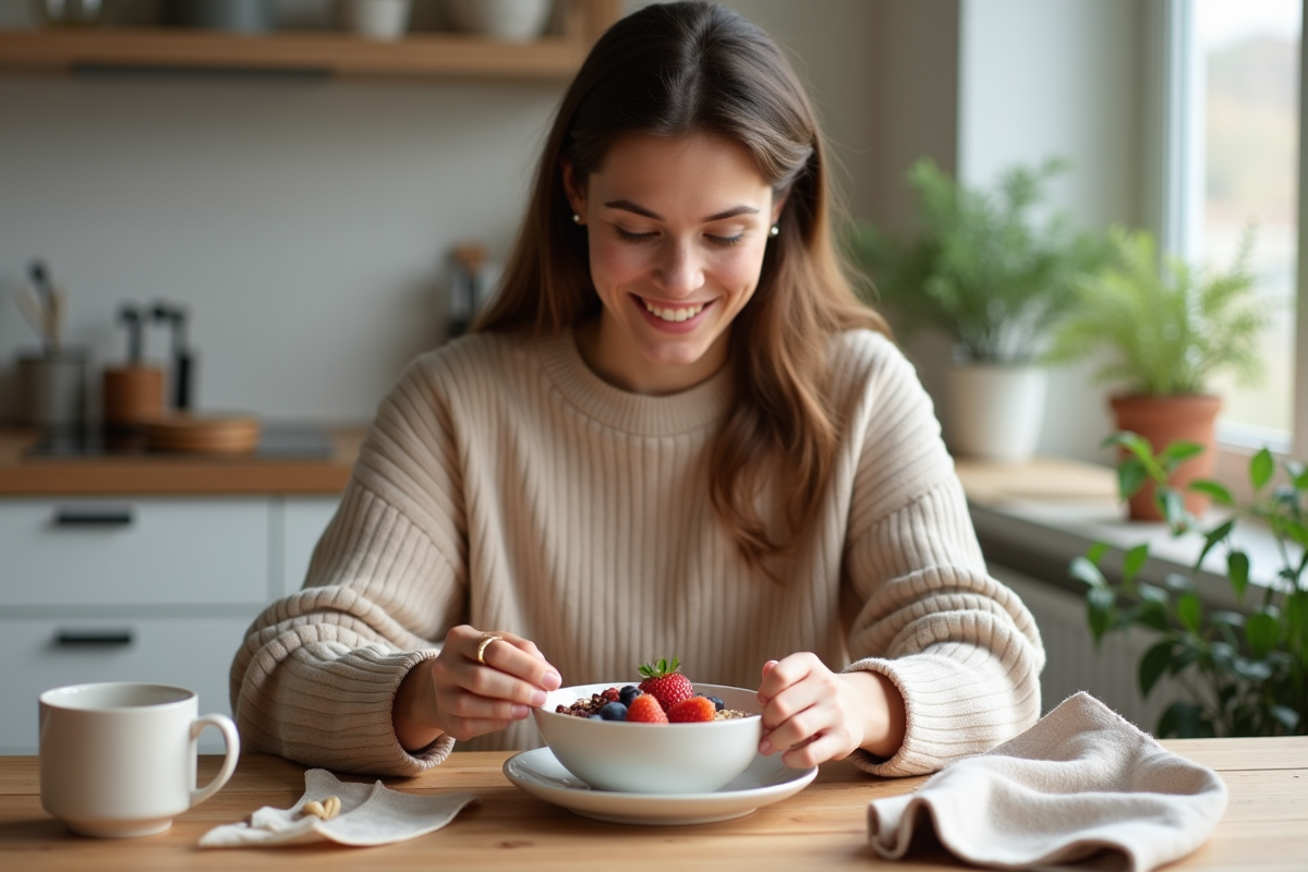 Jeune femme souriante prépare un bol de porridge aux fruits