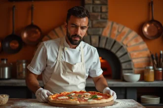 Chef pizzaiolo glissant une pizza dans un four à bois dans une pizzeria artisanale, illustrant la préparation en cuisine pour la livraison à domicile
