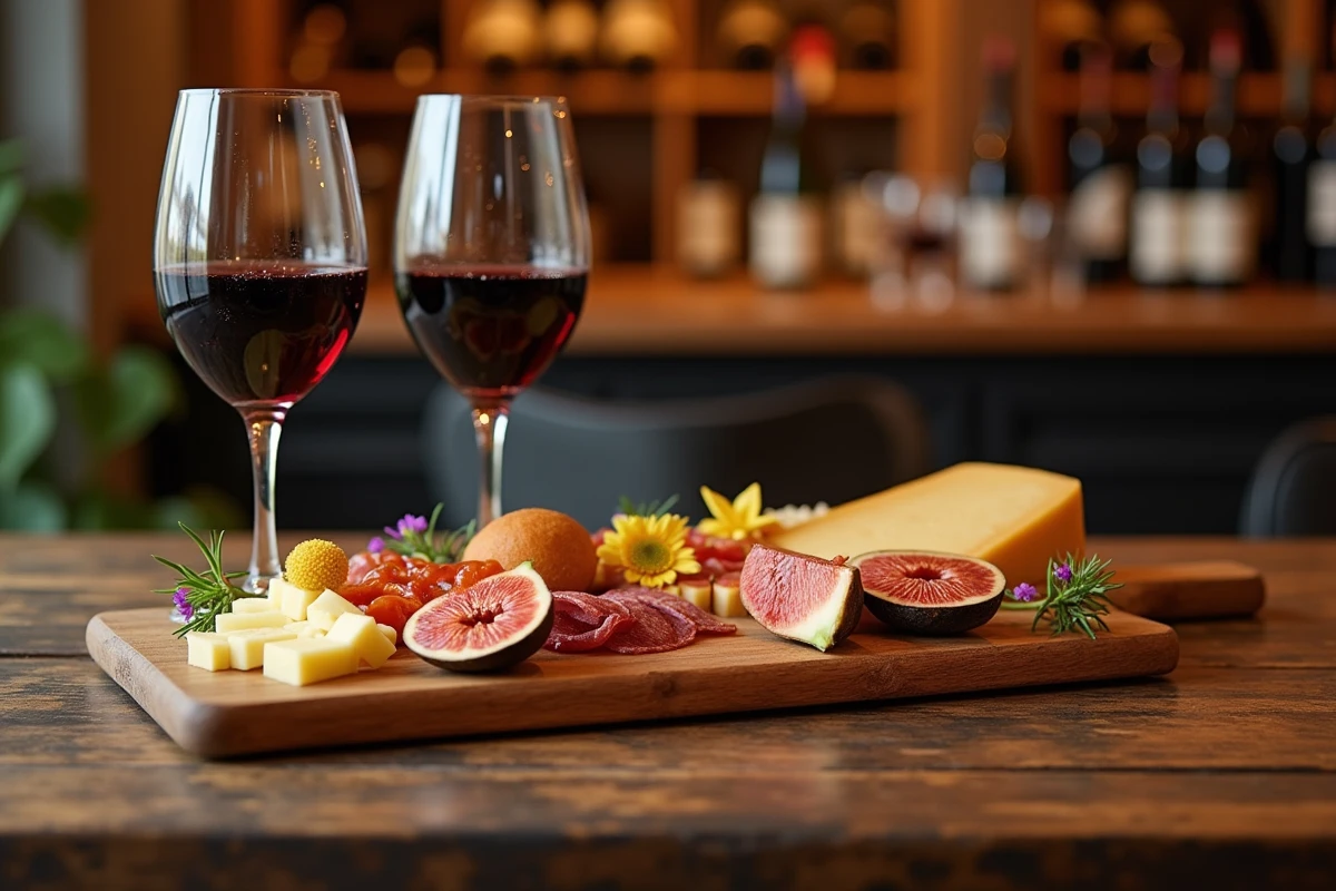 Planche de charcuterie et fromages romantique avec verres de vin rouge dans un bar à vins original de Lyon pour une soirée en amoureux