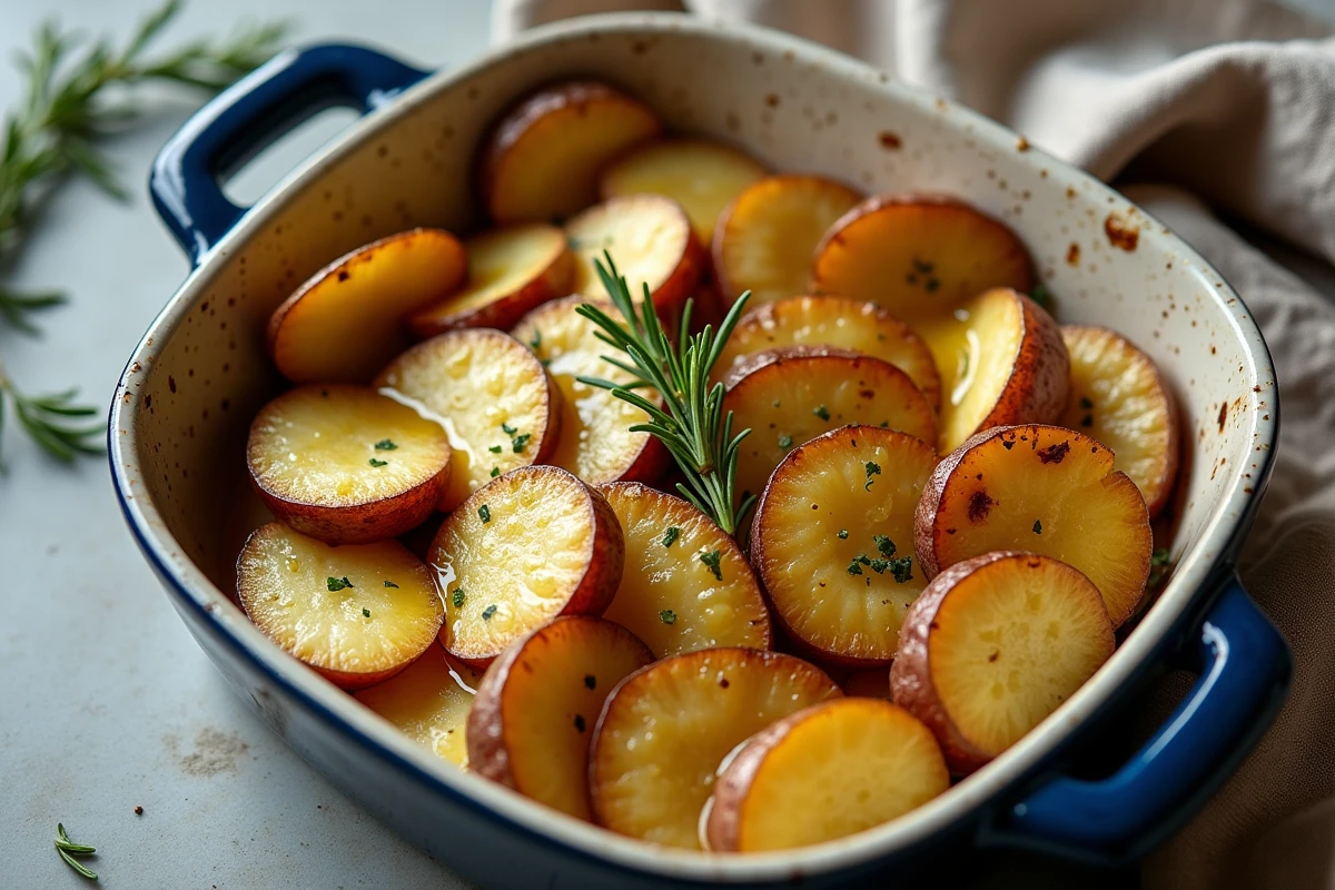 Vue plongeante sur pommes de terre rôties dans un plat en céramique
