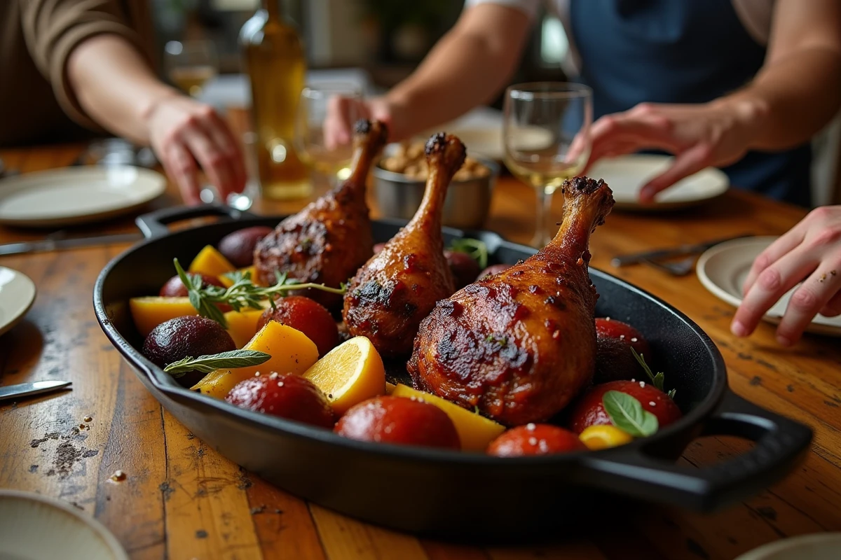 Plat familial de confit de canard aux légumes oubliés comme crosnes et rutabaga dans une cocotte en fonte sur une table d'automne conviviale