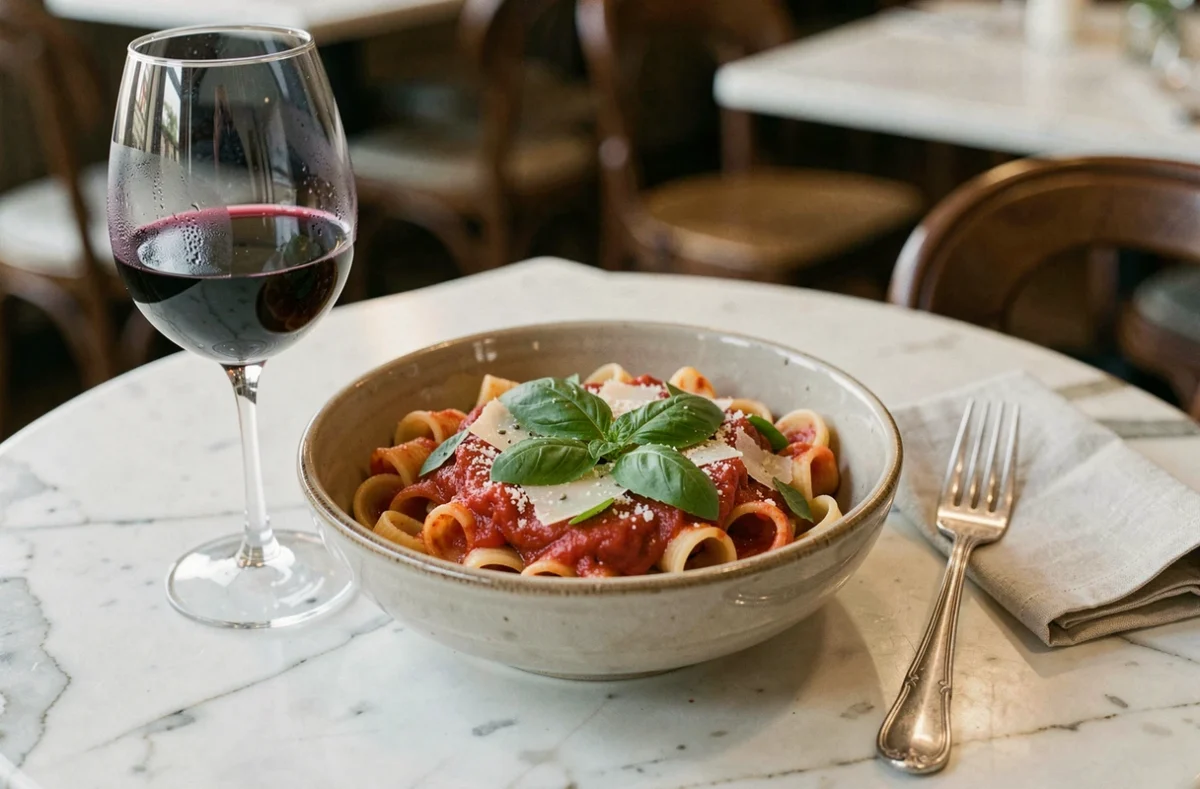 Assiette de pâtes artisanales avec sauce tomate et parmesan, accompagnée d'un verre de vin rouge, sur une table en marbre au restaurant Ober Mamma Paris