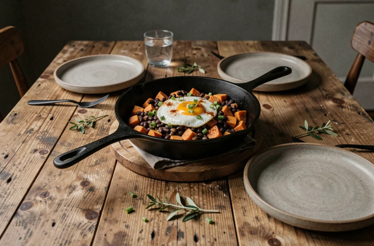 Poêle en fonte avec hash de patate douce et haricots noirs sur une table dînatoire rustique, dîner rapide express du soir