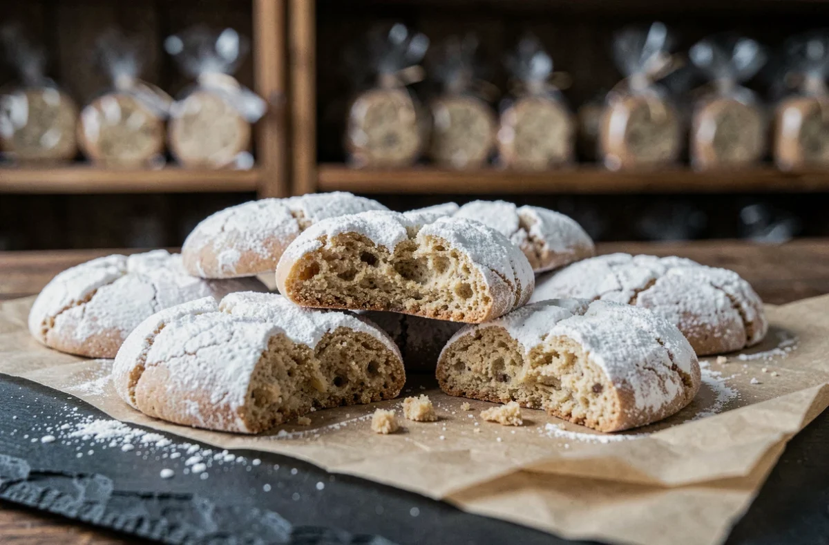 Polvorones espagnols sablés traditionnels saupoudrés de sucre glace sur papier parchemin et ardoise rustique