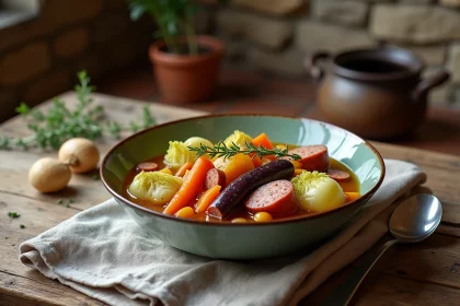 Potée revisitée servie dans un bol en céramique rustique avec légumes de saison colorés et bouillon ambré sur une table en chêne de ferme