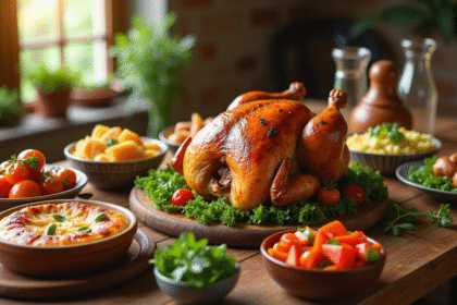 Poulet rôti sur une table en bois avec légumes colorés