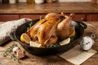 Poulet rôti entier doré dans une cocotte en fonte avec thym frais et citron, idéal pour une cuisson à 200 degrés au four