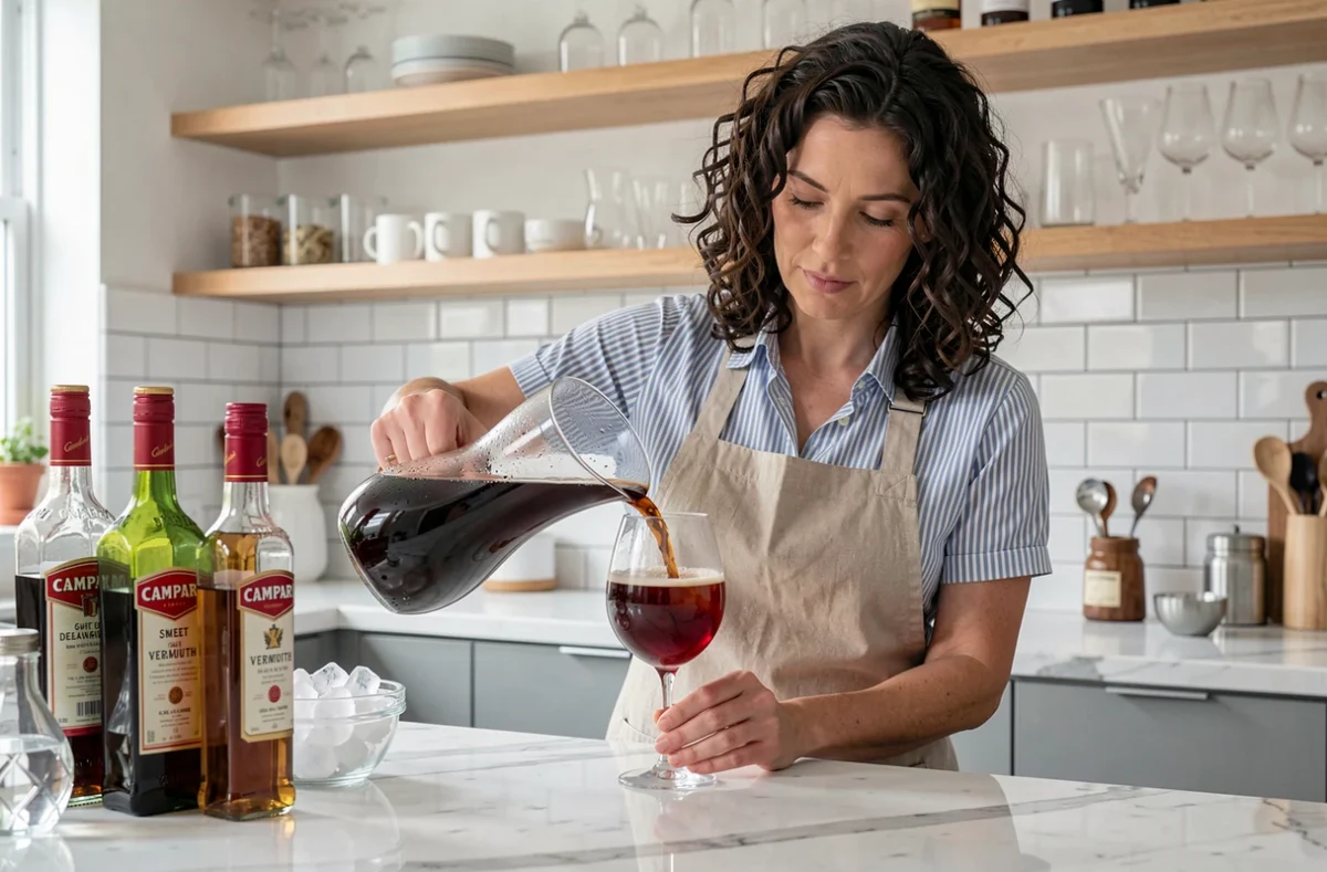 Femme versant de l'Americano depuis une carafe dans une cuisine moderne, avec des bouteilles de Campari et de vermouth posées sur un plan de travail en marbre pour la préparation d'un apéritif en grande quantité