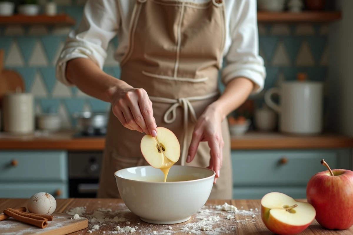 Femme préparant des beignets aux pommes en trempant des tranches de pomme dans la pâte dans une cuisine traditionnelle