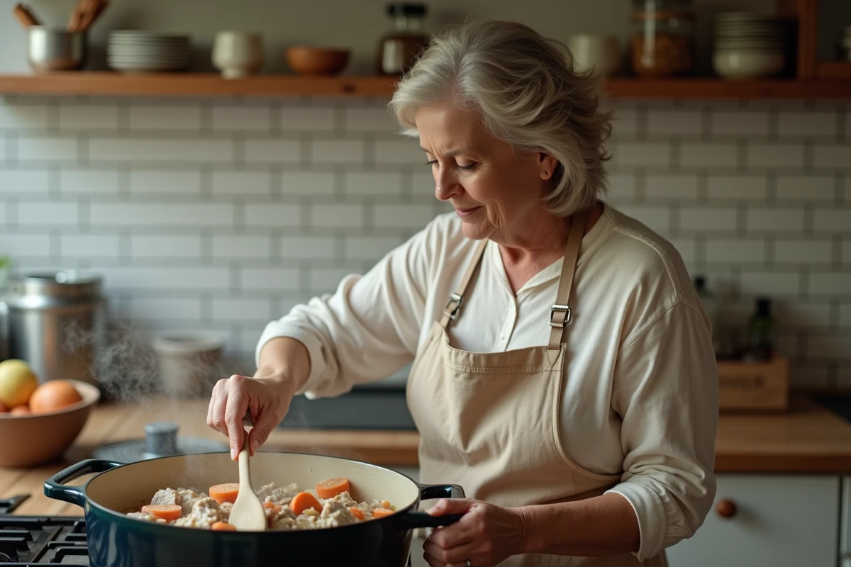 Femme cuisinant une blanquette de veau dans une cocotte en fonte sur une cuisinière, remuant la sauce crémeuse dans une cuisine familiale authentique