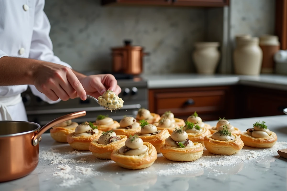Chef garnissant des bouchées à la reine avec une farce crémeuse aux ris de veau et champignons dans une cuisine de Noël élégante