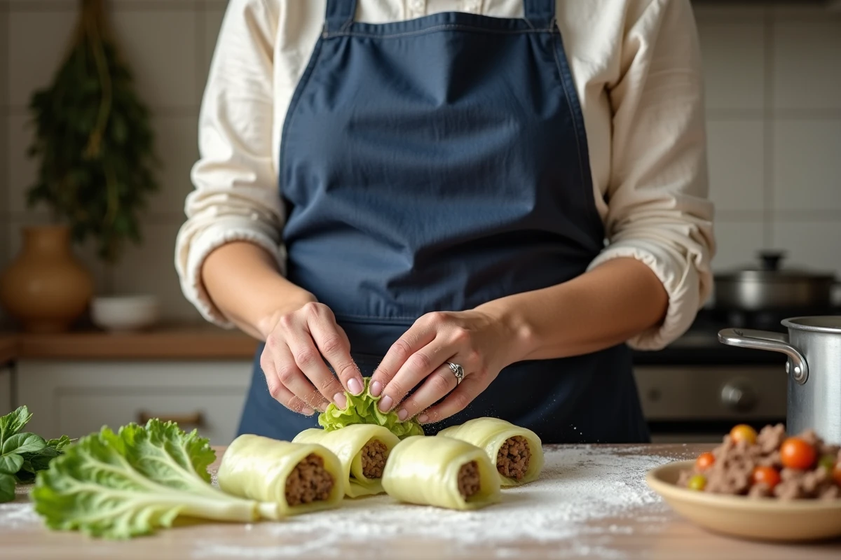 Femme préparant des choux farcis dans une cuisine traditionnelle avec garniture de viande et légumes