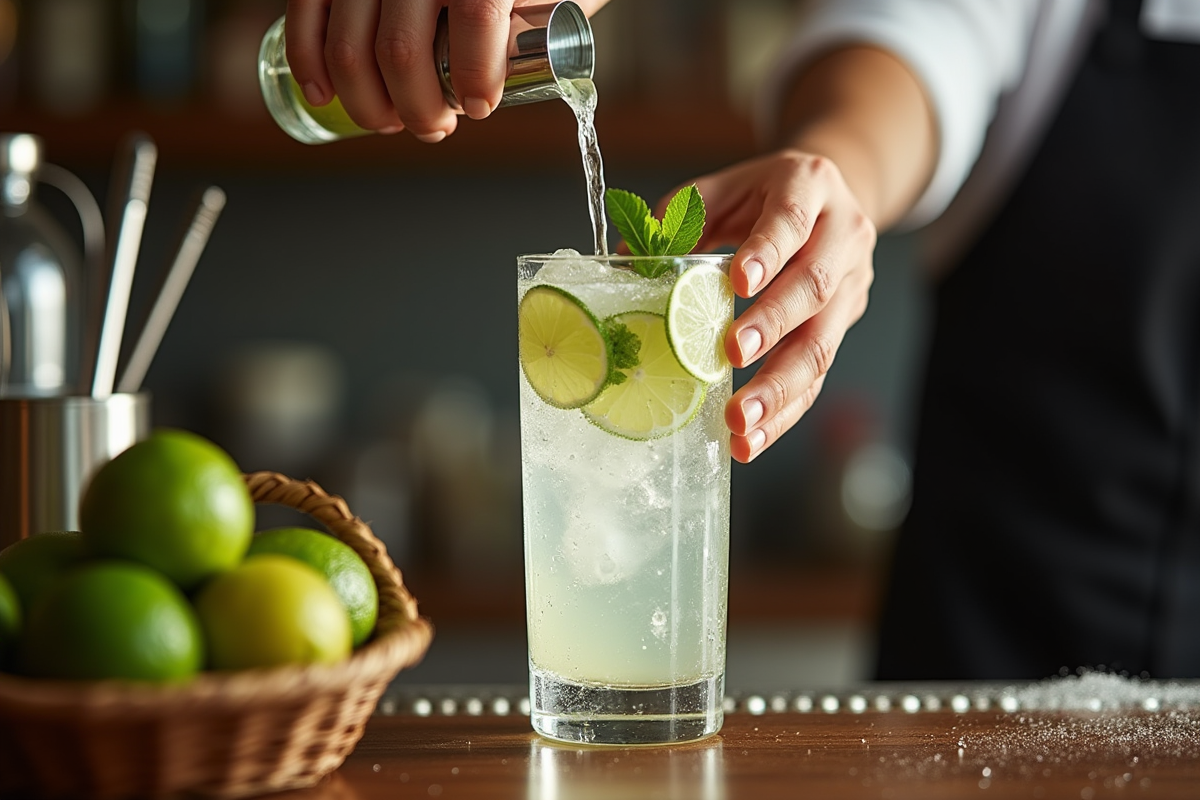 Barman versant un cocktail lime dans un verre haut pour l article