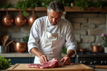 Chef professionnel préparant des abats d'agneau sur une planche en bois dans une cuisine rustique française