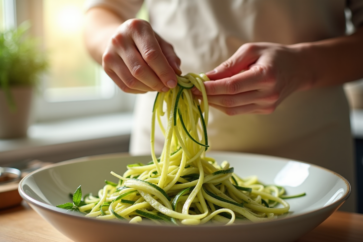 Mains préparant des tagliatelles de courgette avec pesto dans une cuisine lumineuse