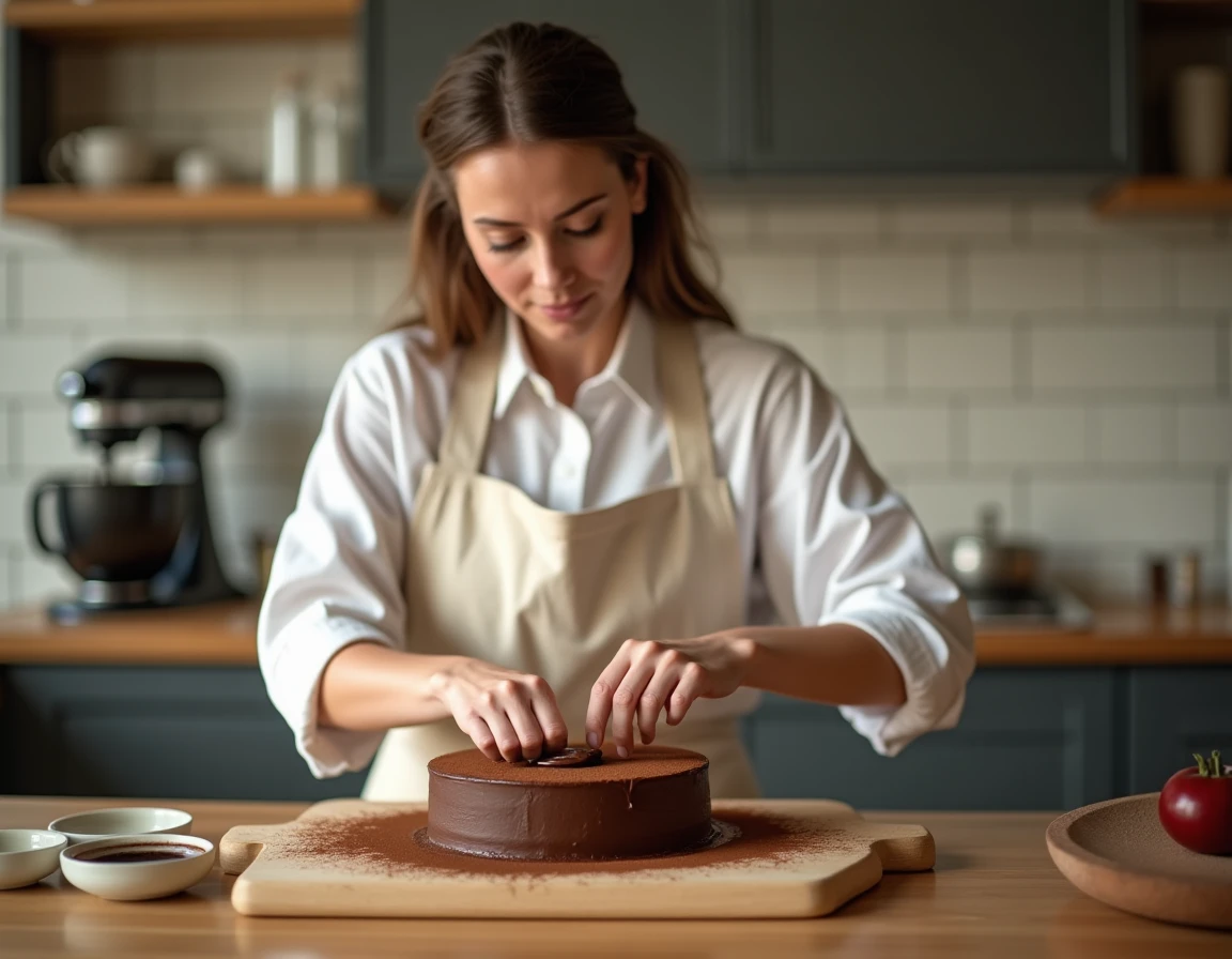 Femme pâtissière à domicile étalant une couche de ganache chocolat sur un gâteau opéra fait maison dans une cuisine chaleureuse