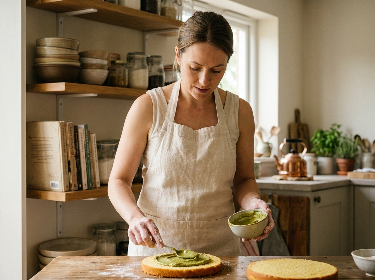 Femme préparant un gâteau maison à la pâte de pistache dans une cuisine en bois rustique avec tablier en lin crème