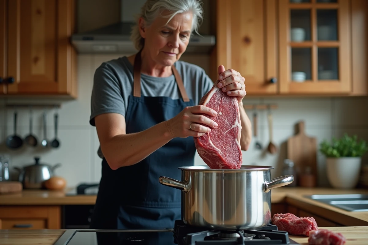 Femme préparant une langue de bœuf en la plongeant dans une cocotte minute en inox sur cuisinière à gaz