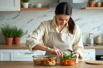 Femme préparant des repas sains équilibrés avec légumes et céréales dans une cuisine moderne