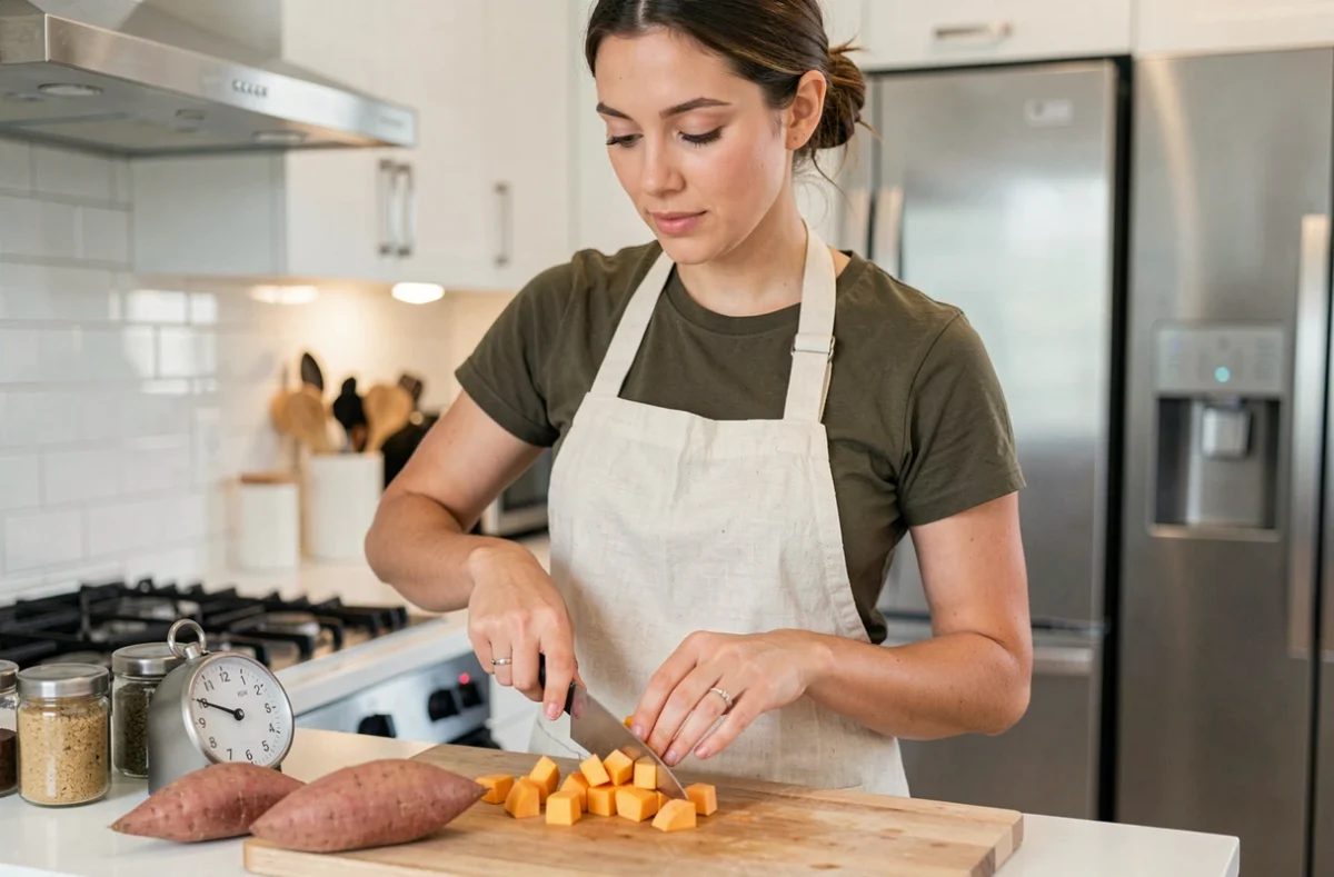 Femme préparant une patate douce dans une cuisine moderne, recette express du soir prête en 20 minutes