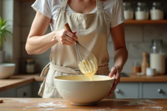 Femme préparant une pâte à crêpe sans grumeaux au fouet dans un bol en céramique sur un plan de travail en bois