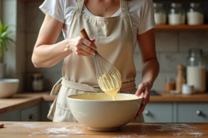 Femme préparant une pâte à crêpe sans grumeaux au fouet dans un bol en céramique sur un plan de travail en bois