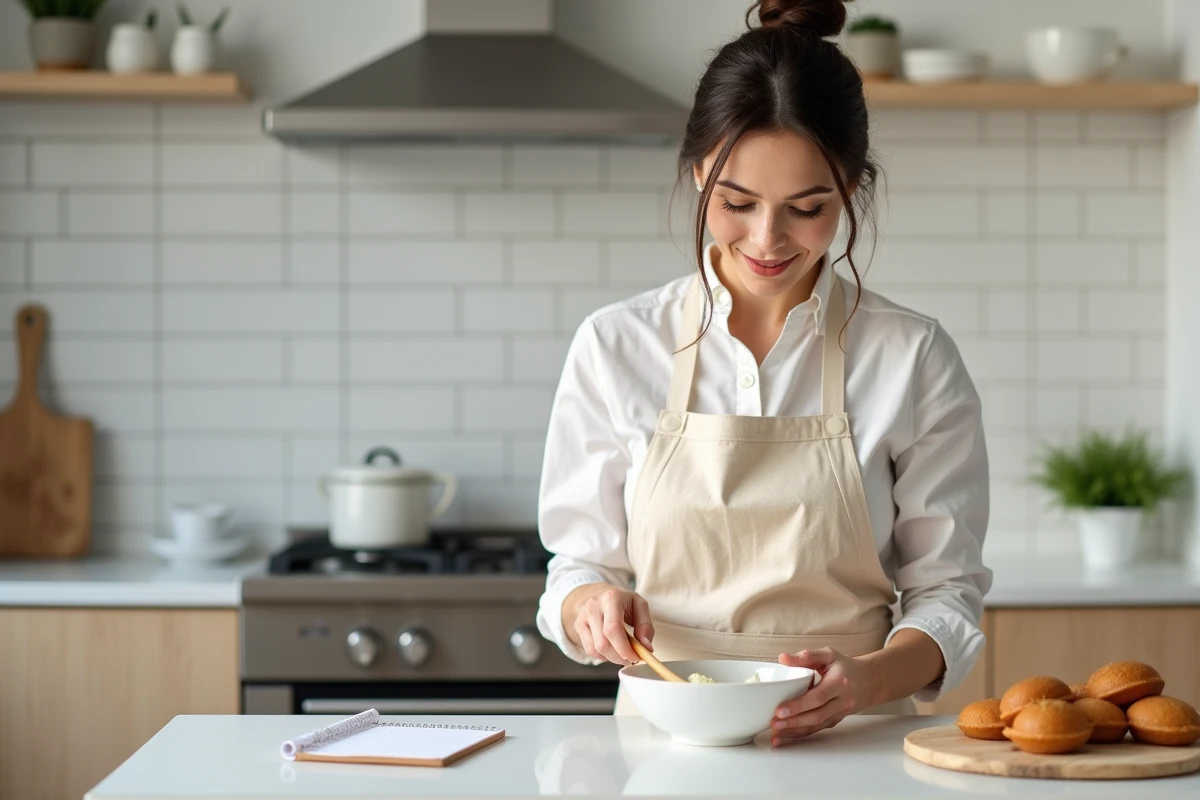 Femme en tablier lin préparant une pâte à marron gâteau léger dans un bol en cuisine moderne, vue en plan large