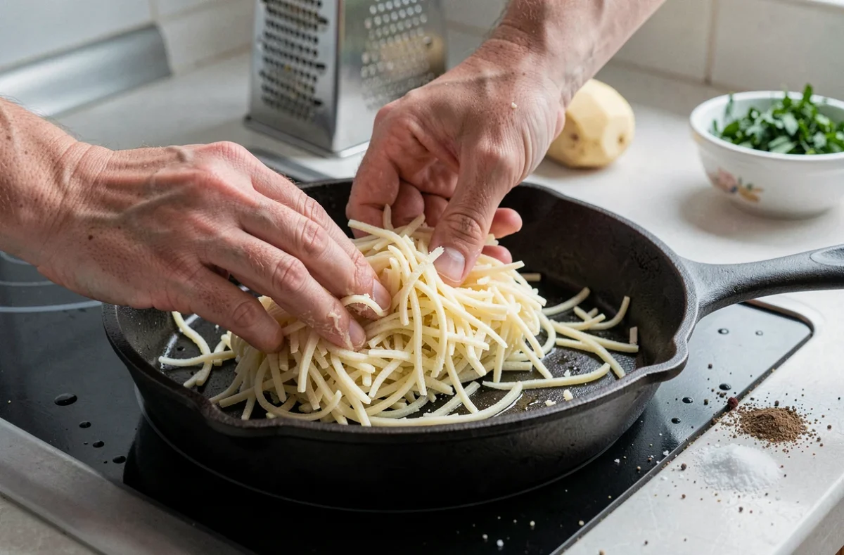 Mains pressant un râpé de pommes de terre cru dans une poêle en fonte lors de la préparation d'une recette de brunch maison