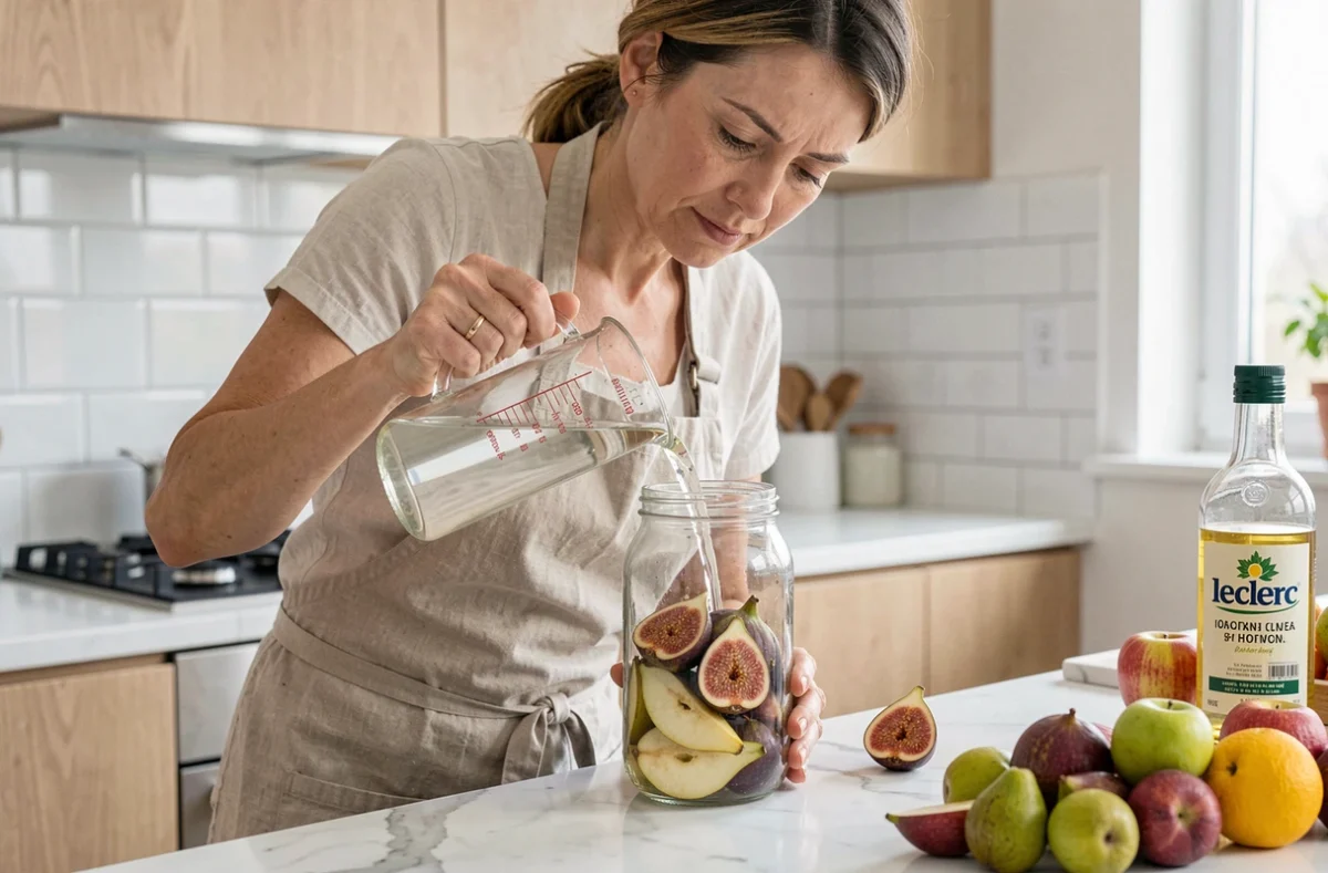 Femme versant de l'alcool pour fruits dans un bocal contenant des figues et des poires dans une cuisine contemporaine