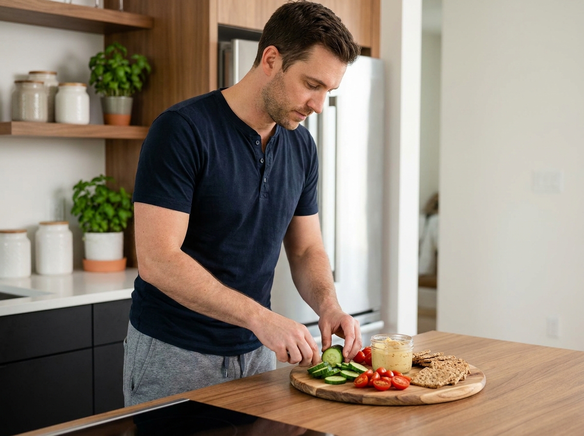 Homme préparant un plateau de snacks sains avec légumes, houmous et crackers complets dans une cuisine moderne pour une soirée série