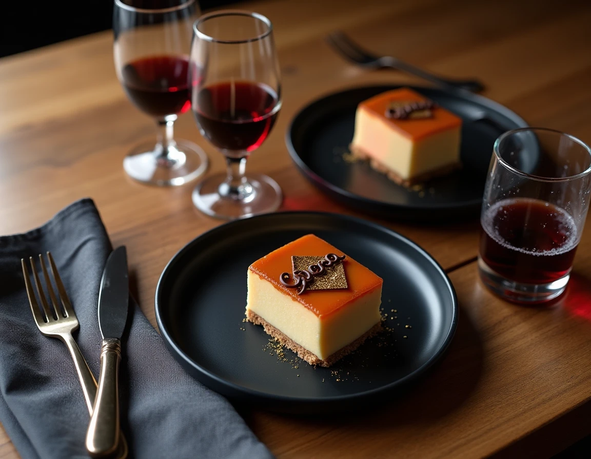 Vue aérienne de deux parts de gâteau opéra individuelles sur assiettes noires avec feuille d'or et verres de vin dessert sur table en chêne
