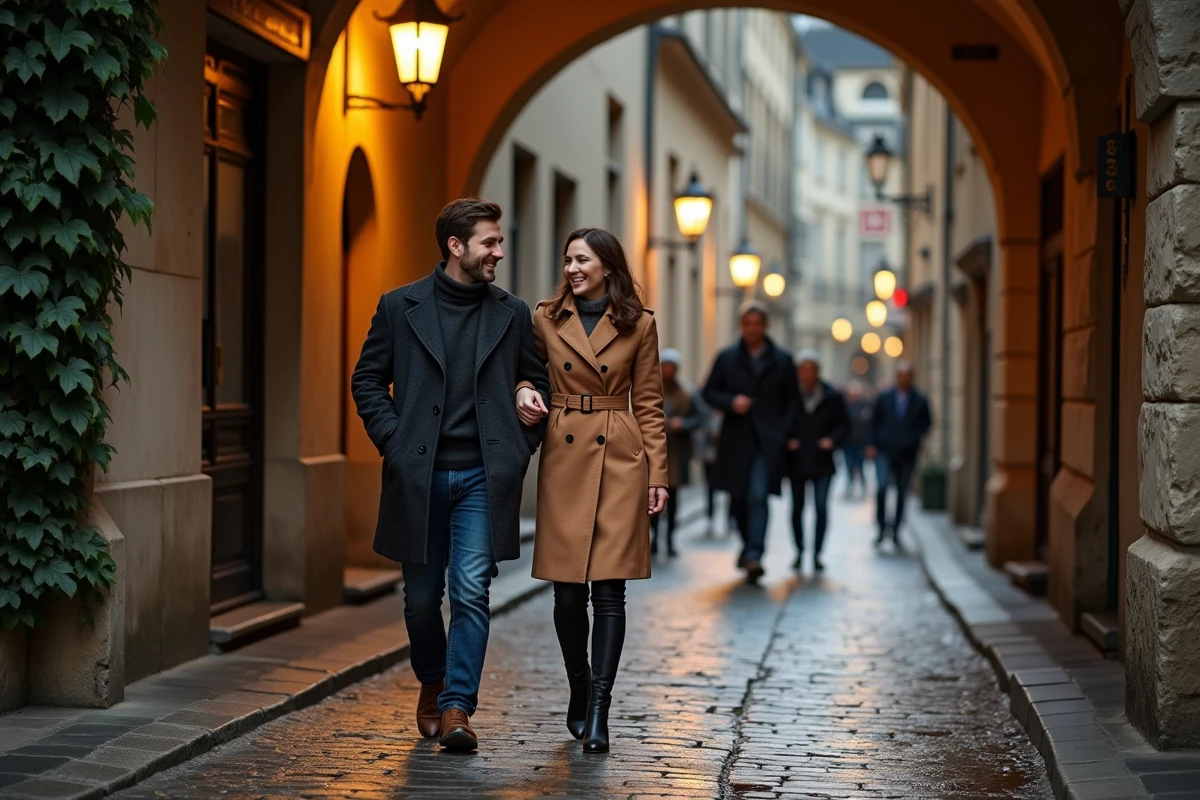Couple se promenant main dans la main dans les traboules de Vieux-Lyon au crépuscule pour une soirée romantique et originale en amoureux