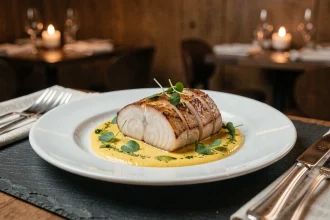 Assiette gastronomique de queue de lotte dorée sur sauce safranée dans un restaurant élégant