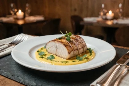 Assiette gastronomique de queue de lotte dorée sur sauce safranée dans un restaurant élégant