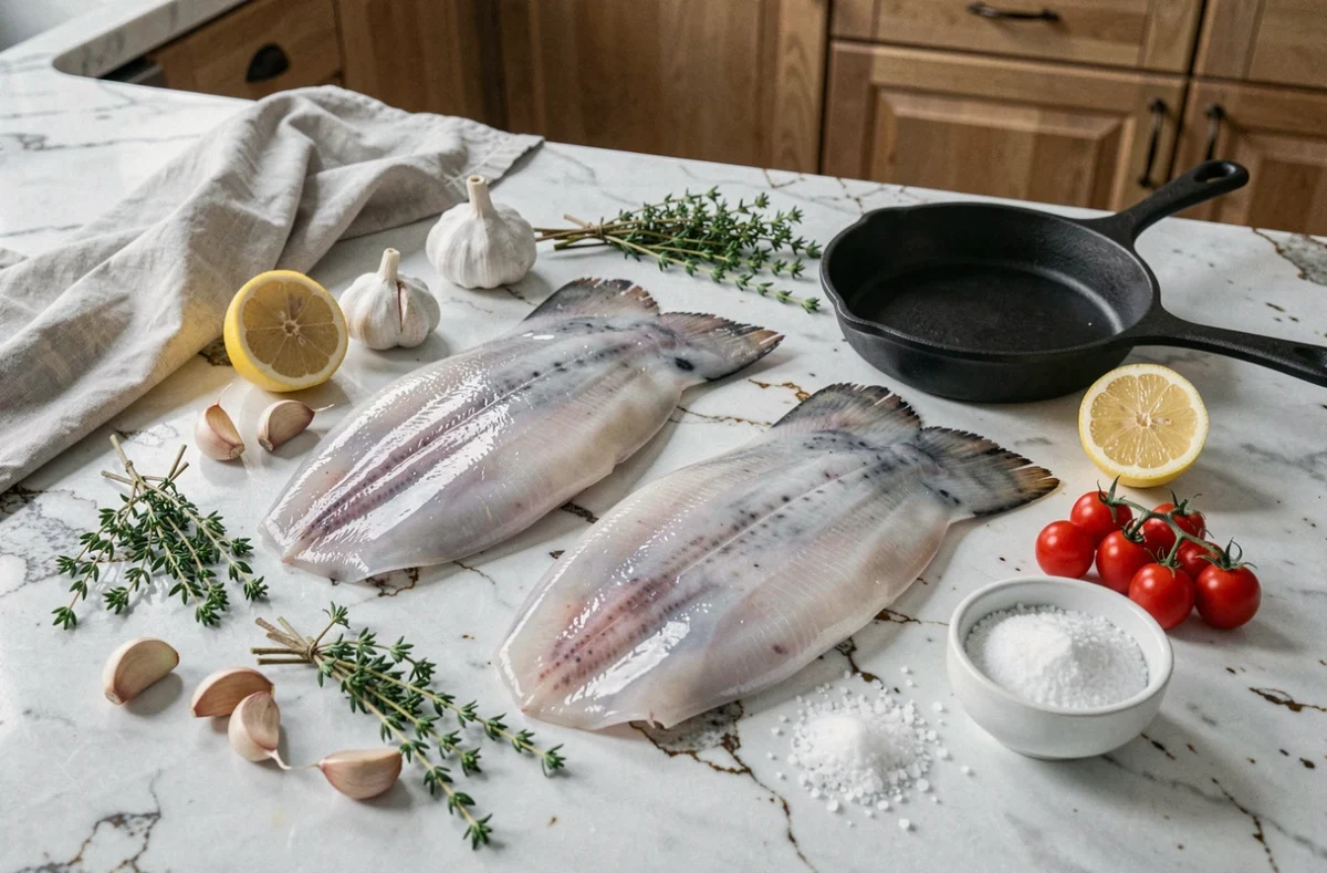 Queue de lotte crue avec ingrédients frais sur marbre pour une recette gastronomique maison